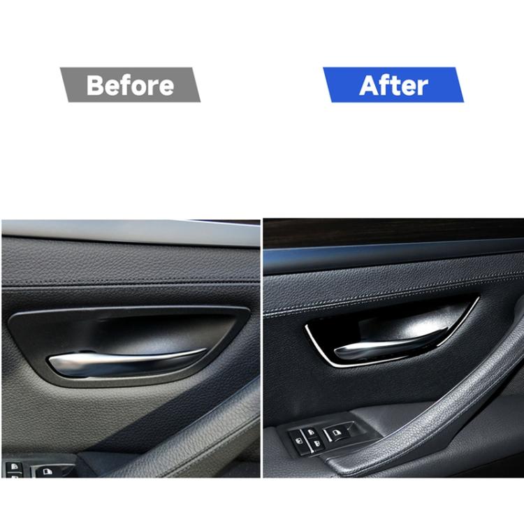 Car door panel with door handle frame trim, black insert and chrome edge