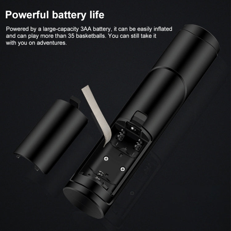 Portable electric air pump showing battery compartment and nozzle attachment