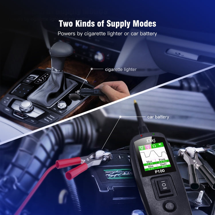 TopDiag P100 circuit tester connected to a car battery with red and black clips