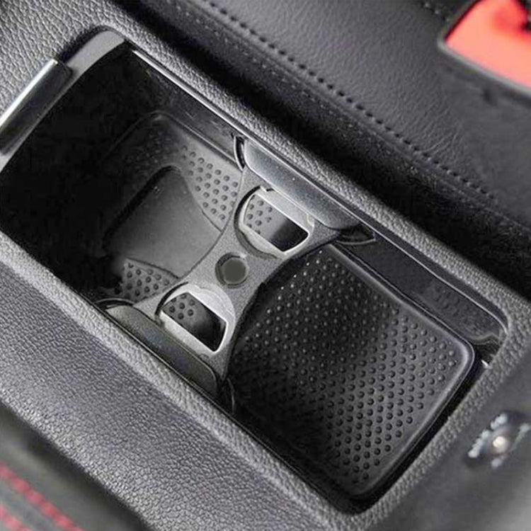 Car armrest cup holder insert, textured black tray with two openings and small central button