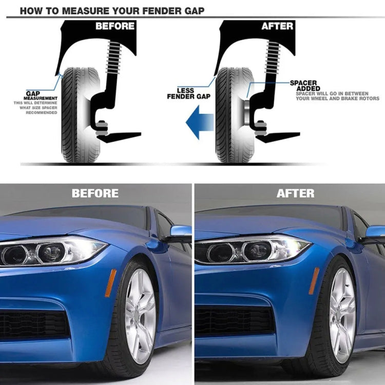Installed wheel spacer reduces fender gap around the front wheel