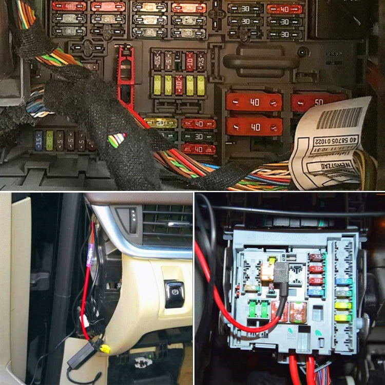 Car fuse holder harness with blade fuse sockets and red wiring for fuse box
