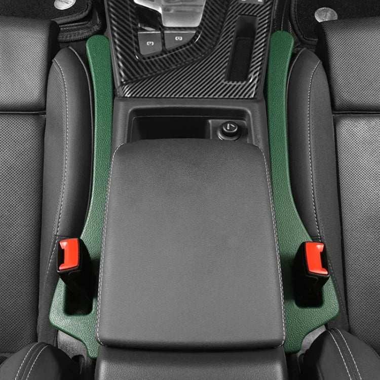 Car seat gap filler tray with green side rails and red release tabs