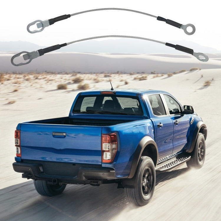 Pair of steel tailgate baffle cables with loop ends for pickup rear tailgate