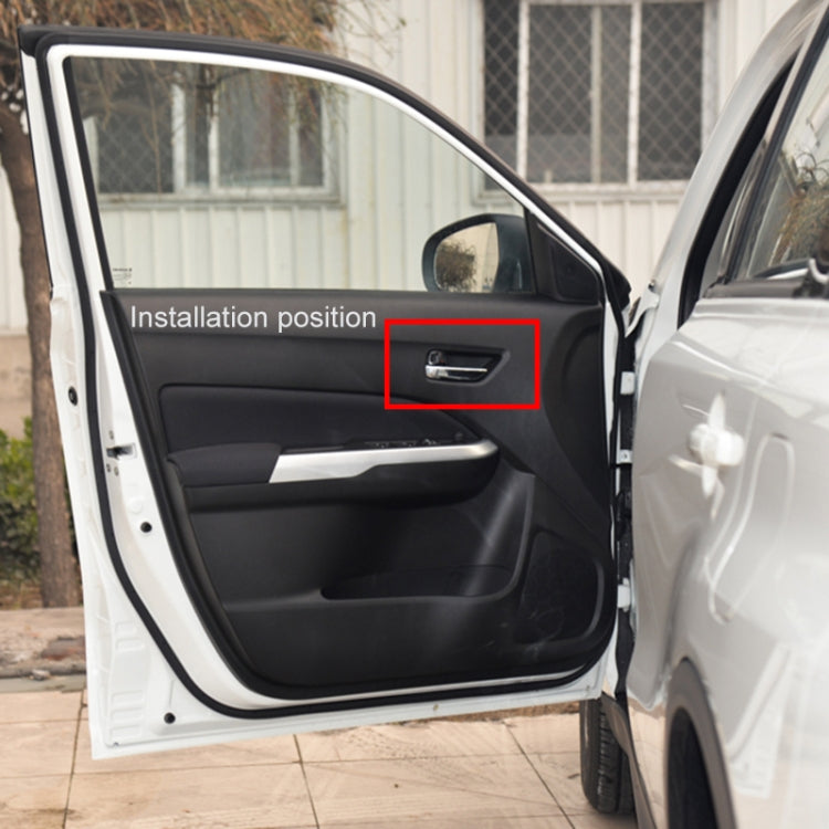 Installed left front inside door handle in car door panel, black trim