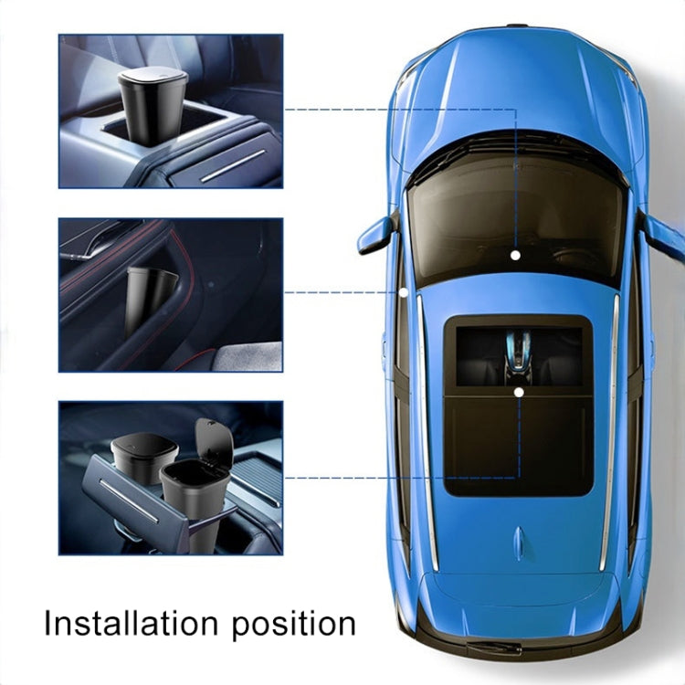 Car console trash can installed in center area, lid closed