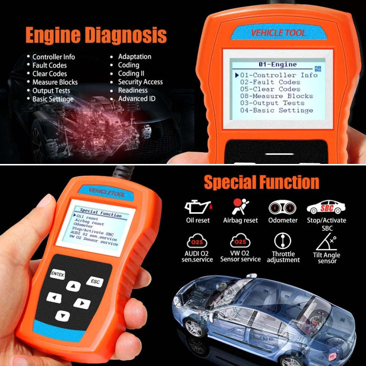 VAG506M OBD2 code reader handheld with LCD display and feature overview graphics