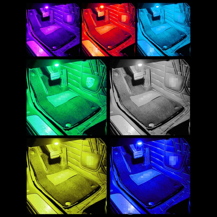 RGB LED car foot atmosphere lights showing multi-color glow on floor mats