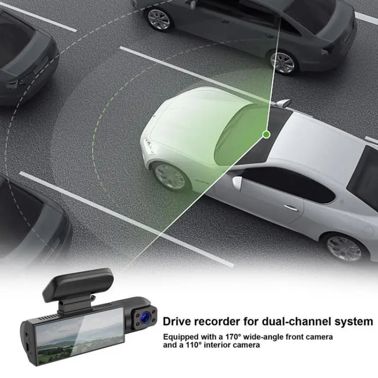 Dual-lens dash cam for dual-channel recording with front and interior view overlay
