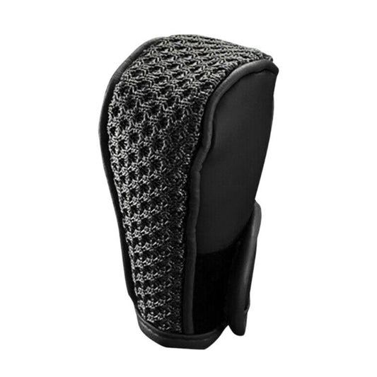 Black PU and ice silk gear shift knob protective cover with textured front and side tab