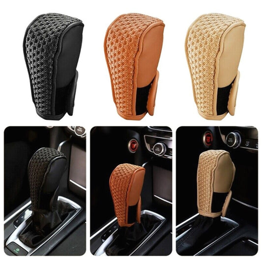 Gear shift knob protective covers in black, orange, and beige with textured ice-silk front