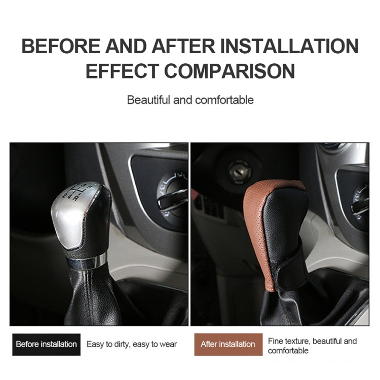 Black PU leather gear shift knob cover before-and-after installation comparison.