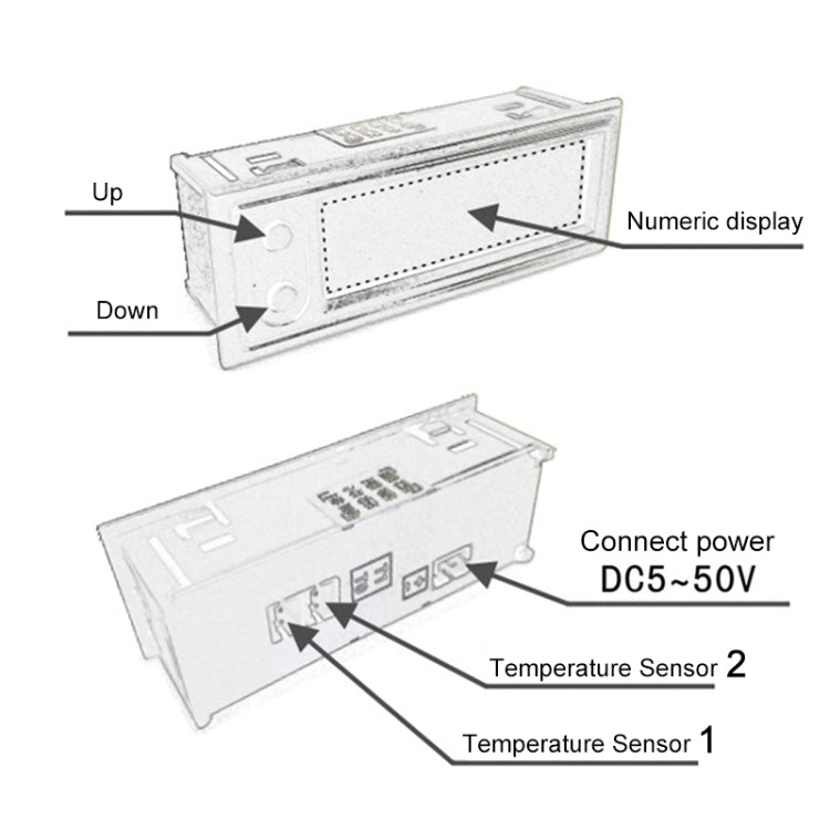 Car LED meter diagram showing DC5-50V power input and two temperature sensors