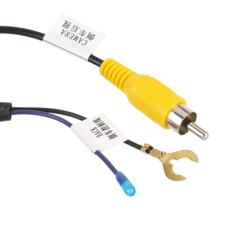 Car rear view camera adapter cable, yellow RCA plug with blue tip and gold ground clip