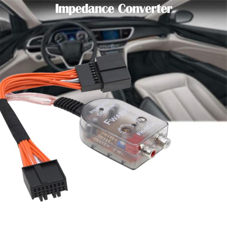 Impedance converter module for subwoofer amplifier harness with orange wiring and plugs