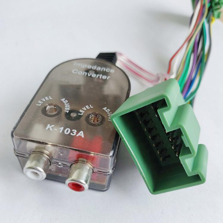 Impedance converter module K-103A with dual RCA outputs and green multi-pin plug