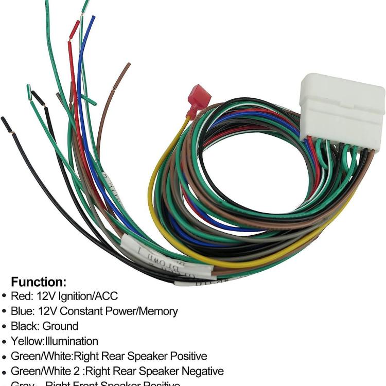 Vehicle radio wiring harness with white plug, multicolor wires and loose leads