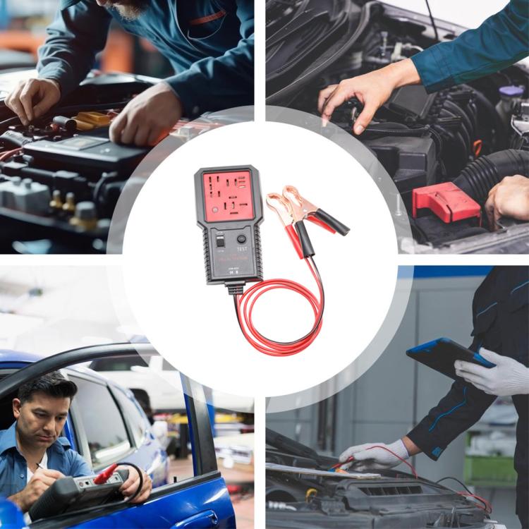 Relay tester connected to a vehicle engine bay with red/black alligator clip leads