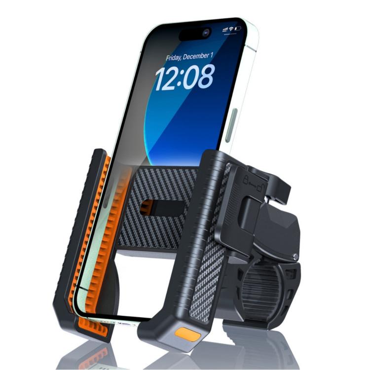 Carbon fiber bike phone holder with adjustable clamp, black with orange accents