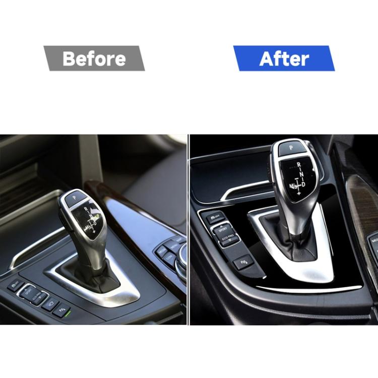 Car center console gear area showing black chrome sticker installed (before and after)