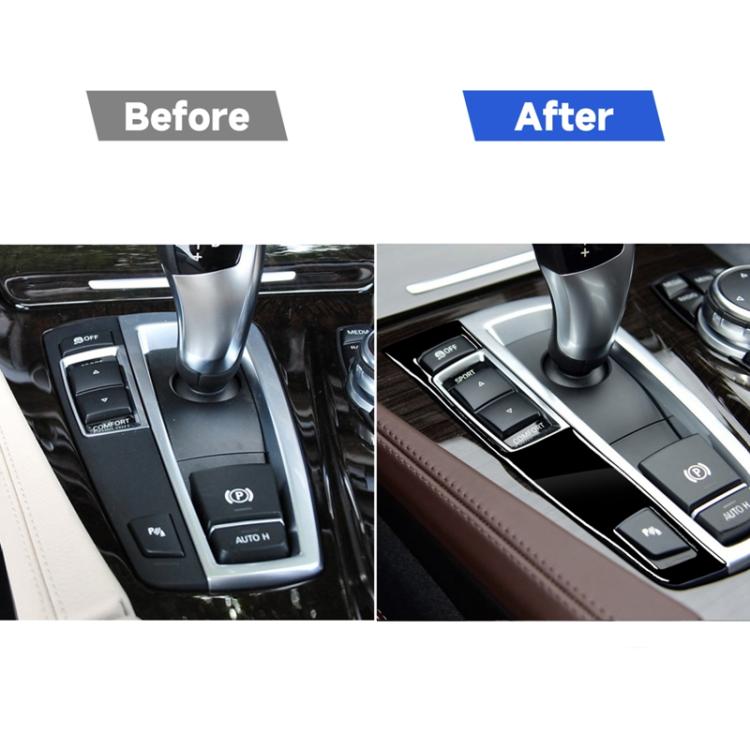 Before and after view of BMW gear panel decorative sticker on center console trim