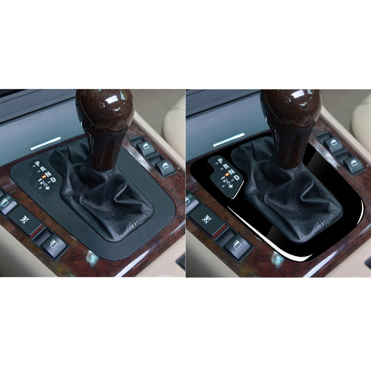 Before-and-after view of black gear shift panel sticker installed around the shifter