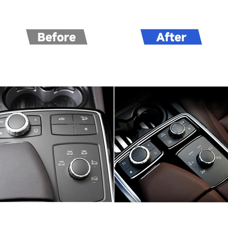 Car multimedia panel before-and-after showing black trim sticker on controls