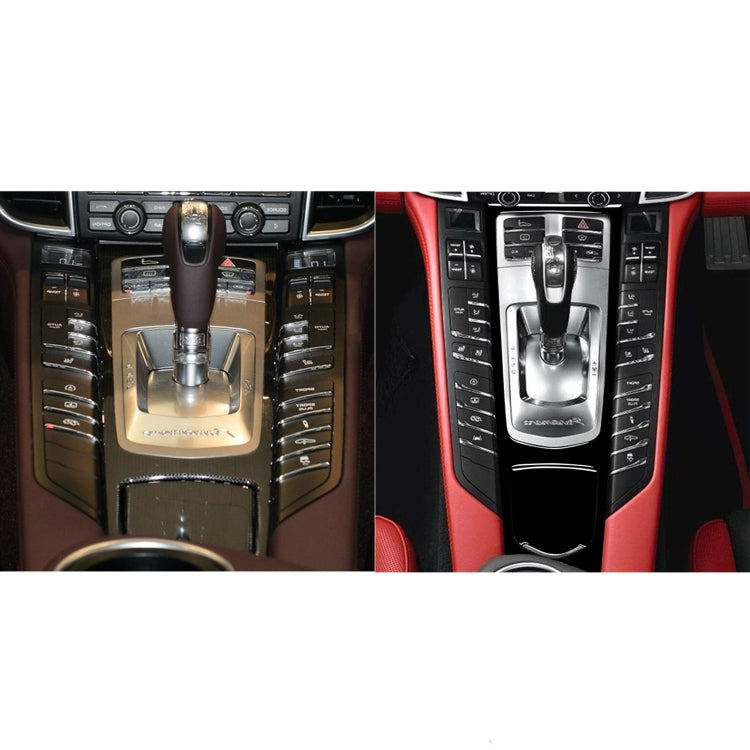 Split before/after view of center console, with added black and white multimedia panel sticker