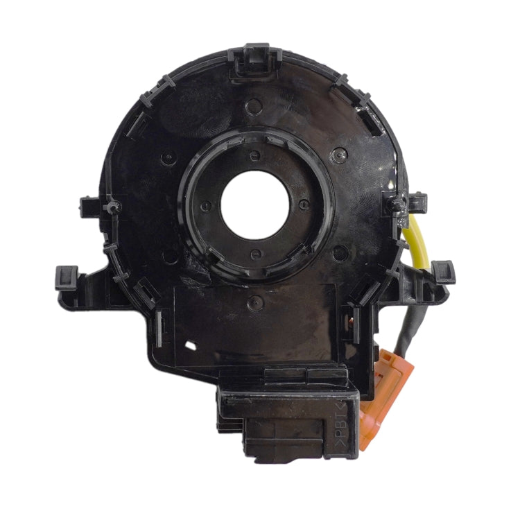 Clock spring spiral cable, black circular base with mounting tabs and orange connector