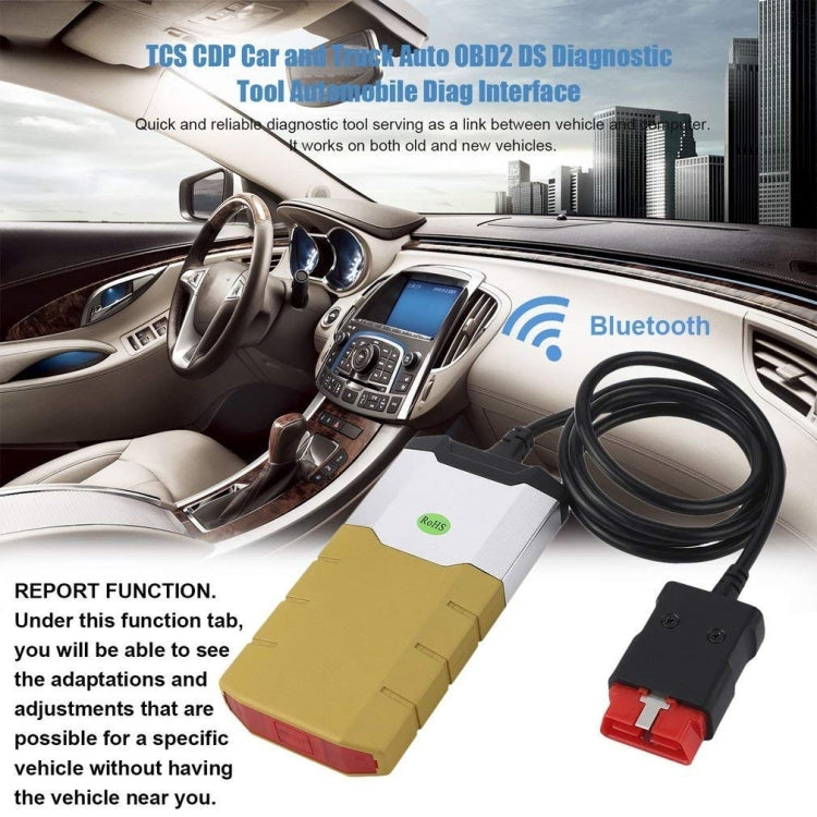 Car OBD2 Bluetooth diagnostic cable tool with gold housing and black cable near dashboard
