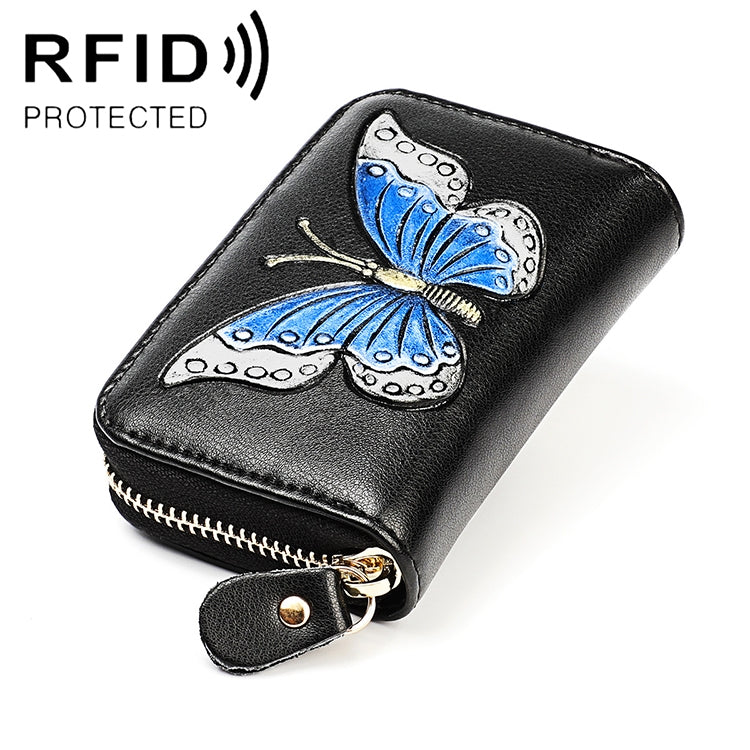 Anti-magnetic RFID leather zip wallet with blue butterfly motif
