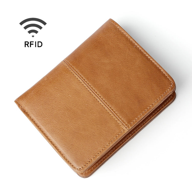 RFID leather wallet, tan-brown color, stitched center seam and rounded corners