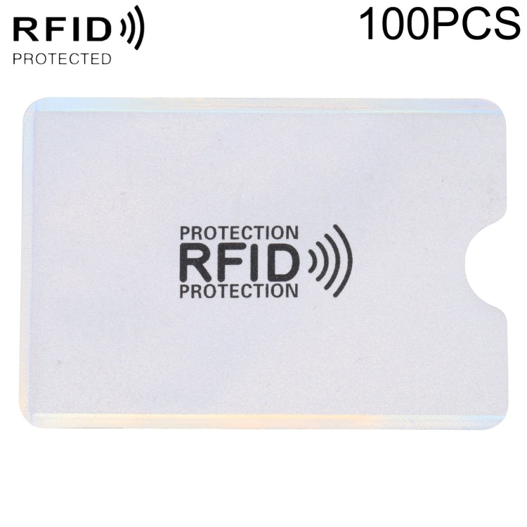Silver RFID blocking card protector sleeve with RFID protection text and wave icon
