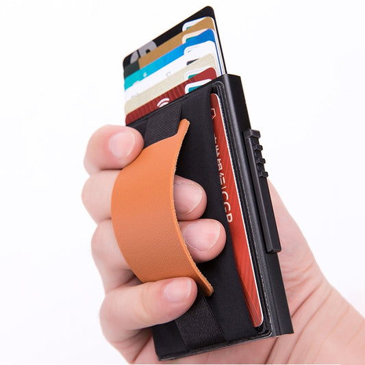 X-32C Automatically Pop-up Card Type Anti-magnetic RFID Anti-theft Men Aluminum Alloy A Dial Button Elastic Bag Wallet with PU Leather Strap, X-32C A Dial Button Black, X-32C A Dial Button Grey, X-32C A Dial Button Gold, X-32C A Dial Button Blue