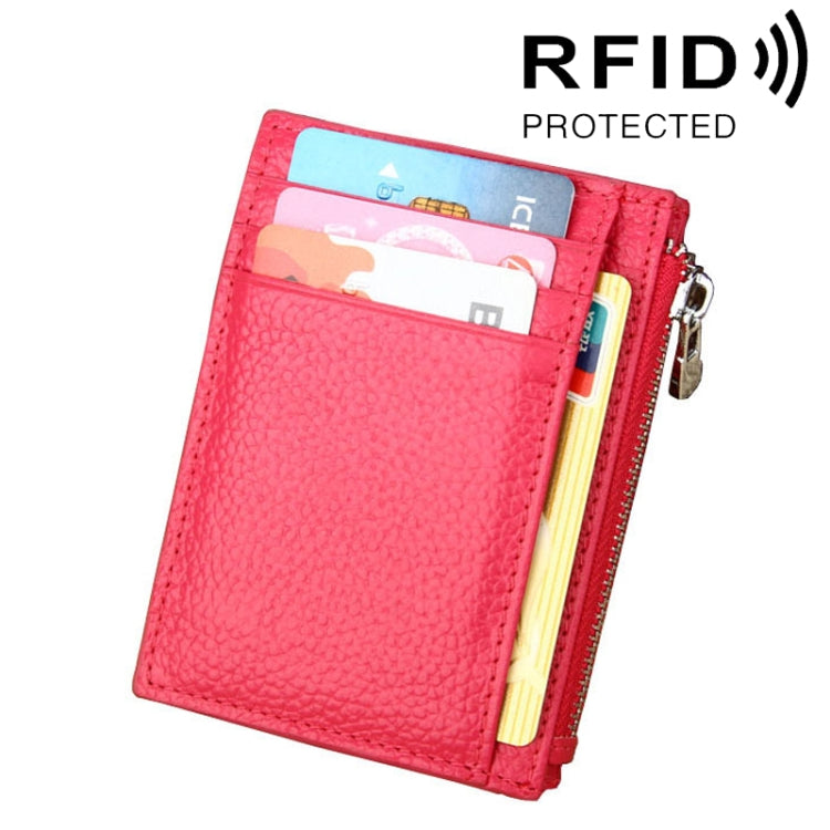 Red cowhide leather zipper card holder wallet with card slots and zipper closure