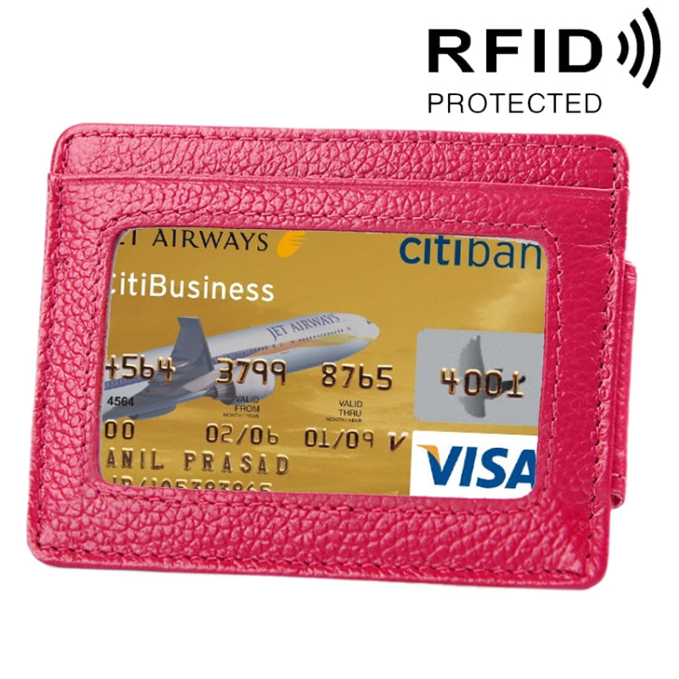 Magenta cowhide leather card holder wallet with ID photo window and 3 slots