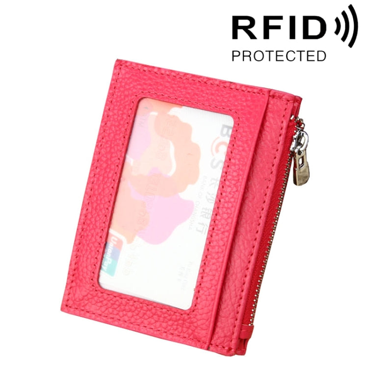Magenta cowhide leather card holder wallet with clear ID window and zipper closure