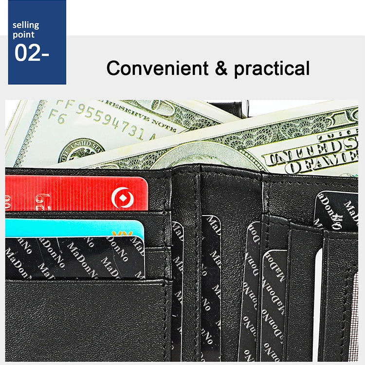 Black leather-style wallet interior with multiple card slots holding cash.