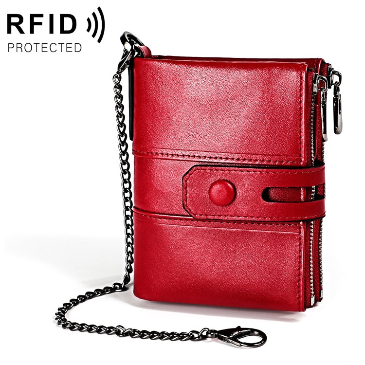 Red textured leather chain wallet with flap snap, side zipper, and card slots