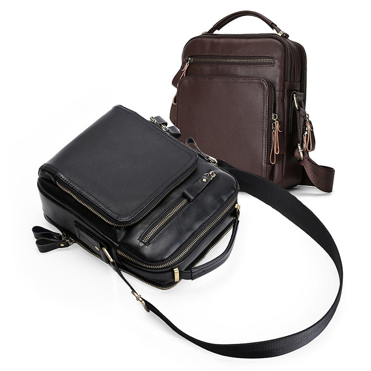 Black leather crossbody messenger bag with dual front zip pockets and adjustable strap