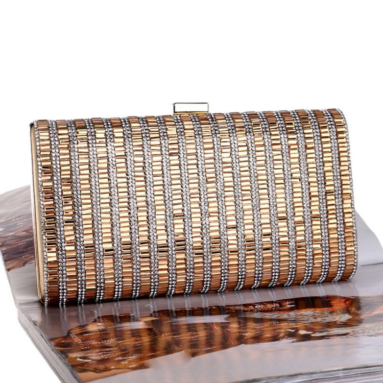 Gold striped rhinestone clutch handbag, square frame with top metal clasp
