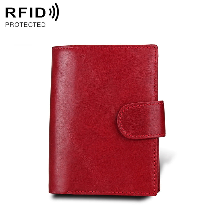 Red leather bifold wallet with front strap tab closure