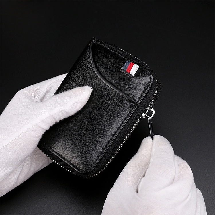 Black leather RFID card wallet with zip closure and flag patch, held in hand