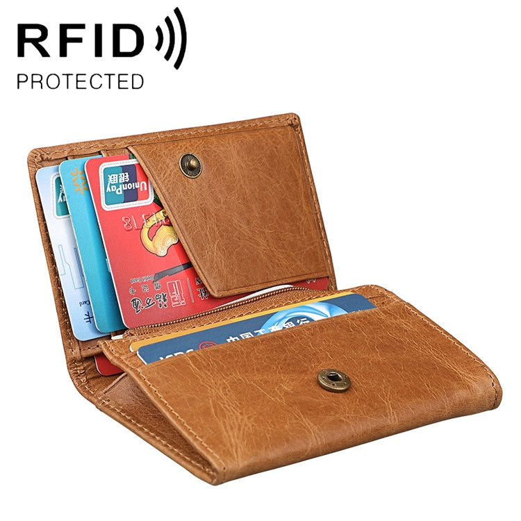 Brown crazy horse RFID leather card holder wallet with fold and snap closure