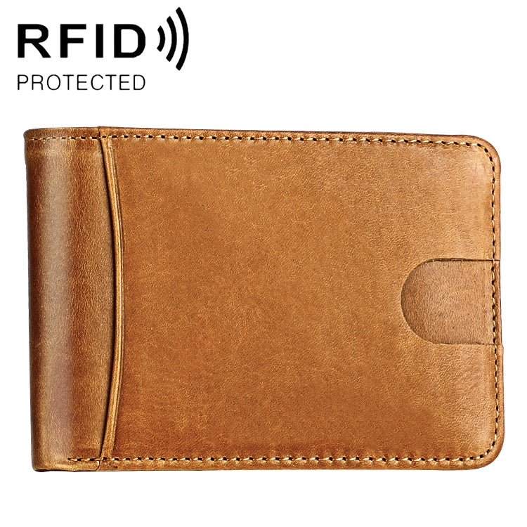Tan crazy-horse leather mini card wallet with side fold and card insert pocket