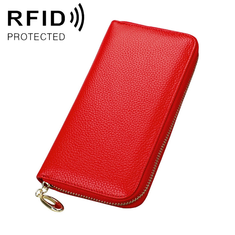 Women’s RFID phone wallet, litchi-texture, zip-around, red, gold keyring