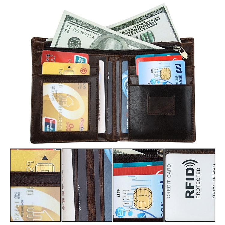 Brown oil wax leather wallet with detachable card holder and multiple card slots
