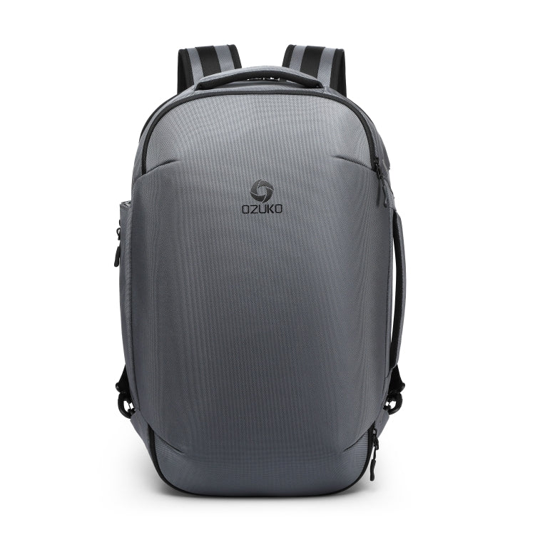 Large waterproof business travel backpack, grey with front zipper and padded shoulder straps