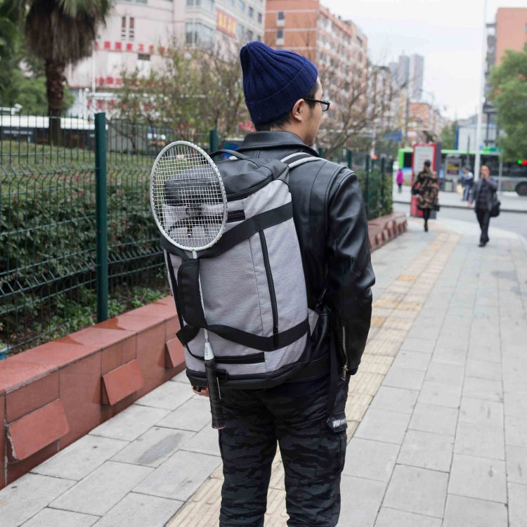 Back-worn duffel bag with padded shoulder straps, grey and black paneling