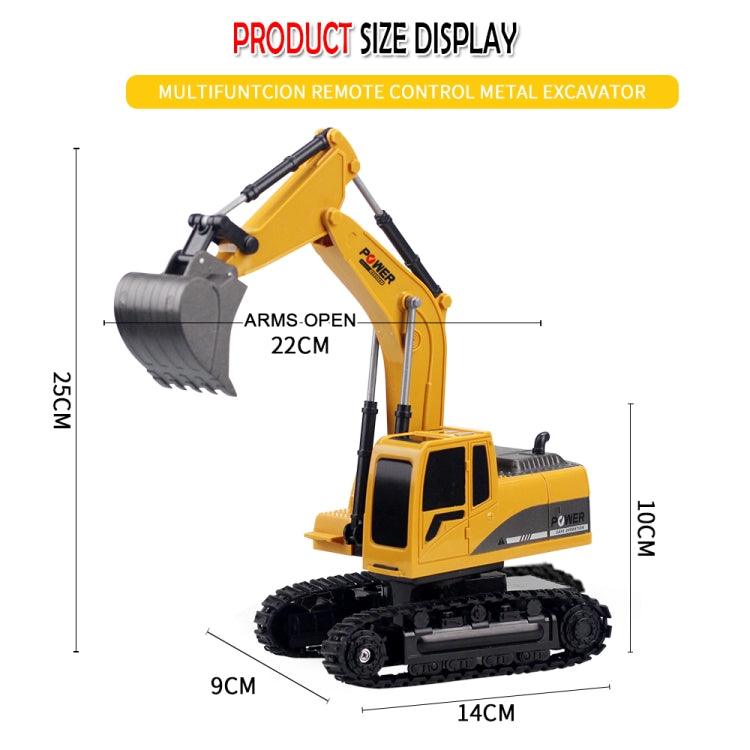 Yellow RC metal excavator with black tracks and extended articulated arm